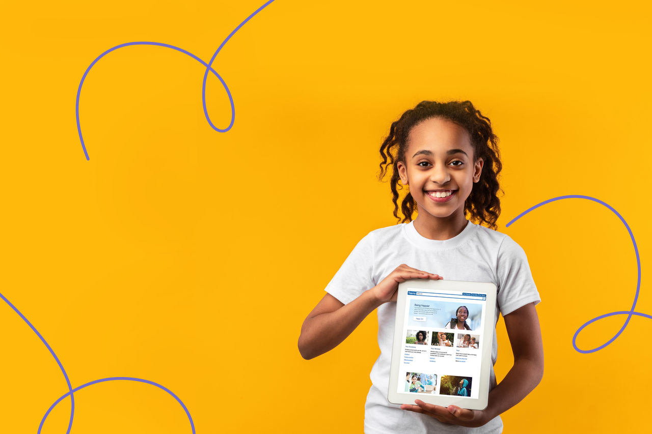 Girl holding a tablet on a yellow background with Nemours squiggles