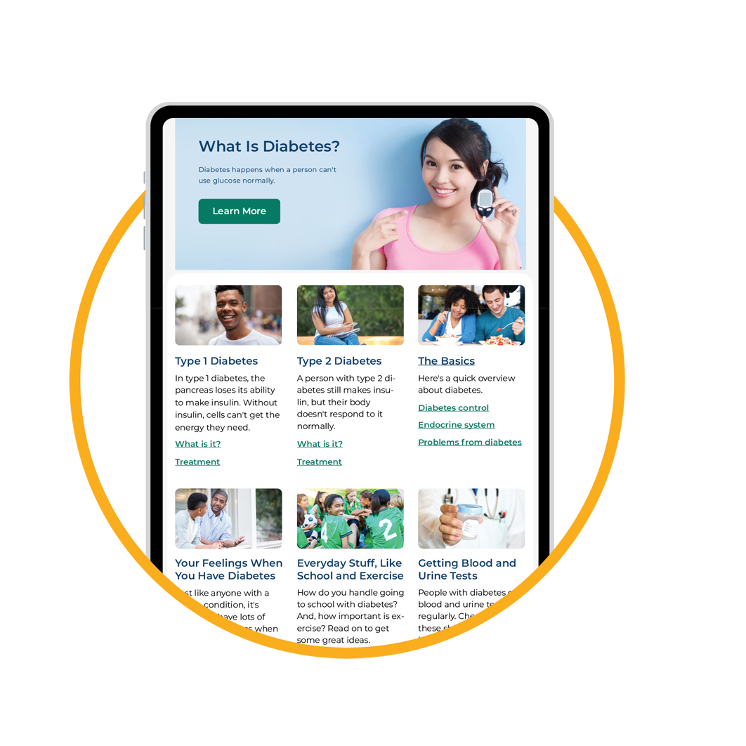 Icon for the KidsHealth Online Library feating the KidsHealth webpage on a tablet popping out of a circle in Nemours Yellow